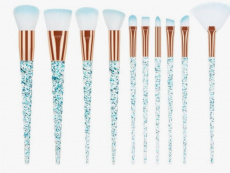 Набор кистей для макияжа, ФИГУРНАЯ РУЧКА, 10 шт/уп, ПРОЗРАЧНЫЕ с бирюзовыми блестками